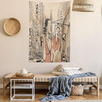 Ambesonne Jazz Music Tapestry Queen Size, Singer Double-Bass Player in a Street of New York Urban Lifestyle Image, Wall Hanging Bedspread Bed Cover Wall Decor, 88" X 88", Brown Beige