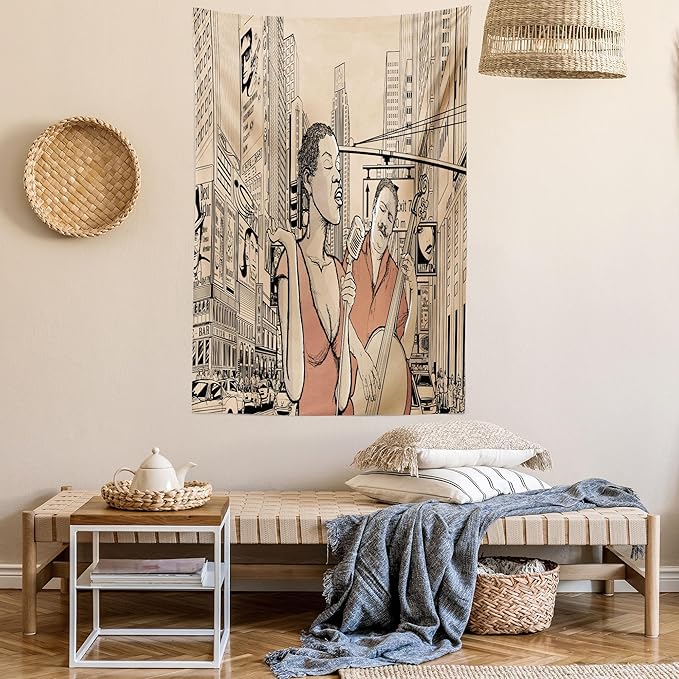 Ambesonne Jazz Music Tapestry, Singer Double-Bass Player in a Street of New York Urban Lifestyle Image, Fabric Wall Hanging Decor for Bedroom Living Room Dorm, 30" X 45", Brown Beige