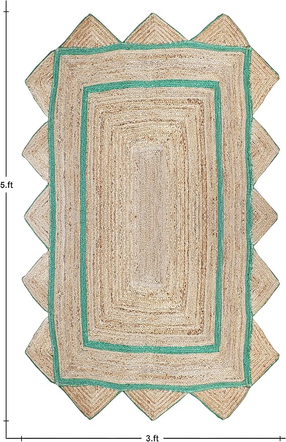 Scalloped Jute Rug, Hand Woven Runner Area Rug, 4x20 Ft Beige & Green Braided Natural Sisal Kilim Rugs for Living Room, Kitchen, Entryway, Farmhouse