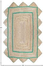 Scalloped Jute Rug, Hand Woven Runner Area Rug, 2.6x8 Ft Beige & Green Braided Natural Sisal Kilim Rugs for Living Room, Kitchen, Entryway, Farmhouse