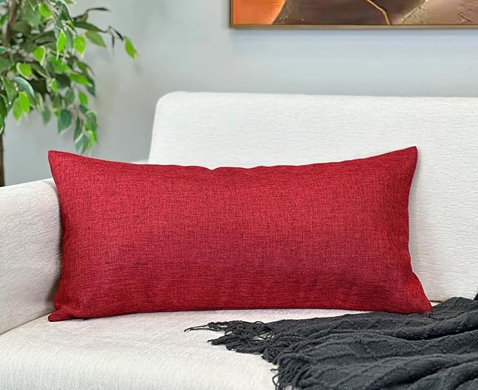 Aiking Home Woven Fine Faux Linen Throw Pillow Cover, Size 12"x24", Burgundy