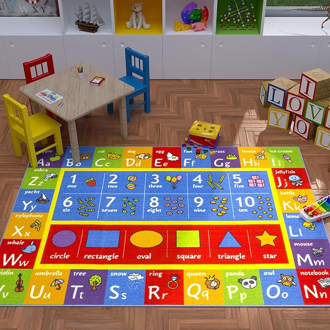KC Cubs 5x7 ABC Alphabet, Numbers & Shapes Rug – Educational Non-Slip Play Mat Carpet for Kids, Toddlers, Nursery, Classroom, Playroom, Baby Daycare