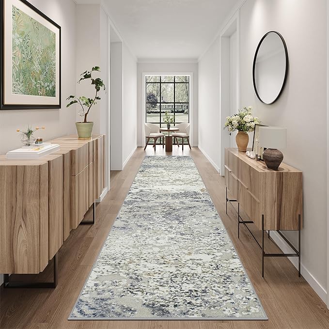 Art&Tuft 2x10 Runner Rug - Washable Runner Rugs, Non-Slip Runner Rug for Hallway, Low-Pile 2x10 Rug Runner Kitchen Laundry Room Rug Throw Carpet for Entrance Bedroom Living Room, Blue
