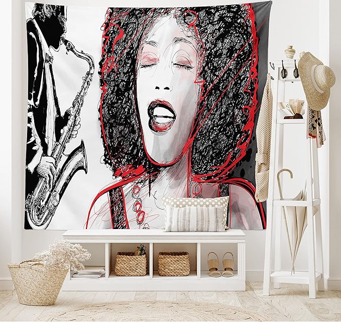Ambesonne African Tapestry, Afro Lady Singing a Jazz Song with Saxophone Player Silhouette Vintage Design, Fabric Wall Hanging Decor for Bedroom Living Room Dorm, 28" X 23", Black Pale Grey