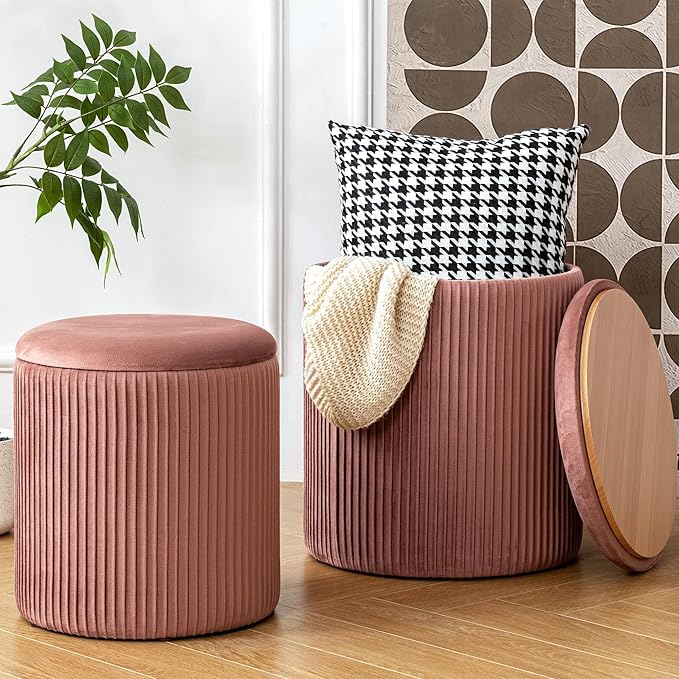 Ottoman with Storage Set of 2, Velvet Round Storage Ottoman, Upholstered Sponge Vanity Stool Support 300lbs, Multifunctional Coffee Table Foot Rest Ottoman for Living Room Bedroom, Pink