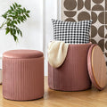Ottoman with Storage Set of 2, Velvet Round Storage Ottoman, Upholstered Sponge Vanity Stool Support 300lbs, Multifunctional Coffee Table Foot Rest Ottoman for Living Room Bedroom, Pink