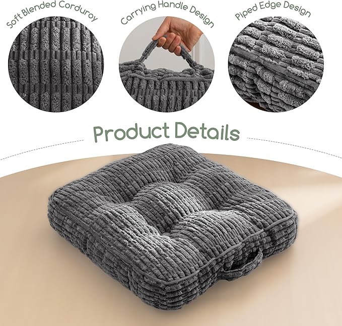 Washable Floor Pillow Cushion for Adults, Meditation Cushion Pillow, Removable Tufted Blended Corduroy Cover, Large Square Floor Sitting for Tatami Living Room or Yoga, 22x22 Inch, Machine Washable