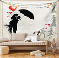 Ambesonne Wedding Tapestry Queen Size, Couple in Love Umbrella Red Hearts Daisies Romance in the Air Celebration, Wall Hanging Bedspread Bed Cover Wall Decor, 88" X 88", Black White Red