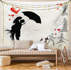 Ambesonne Wedding Tapestry Twin Size, Couple in Love Umbrella Red Hearts Daisies Romance in the Air Celebration, Wall Hanging Bedspread Bed Cover Wall Decor, 68" X 88", Black White Red