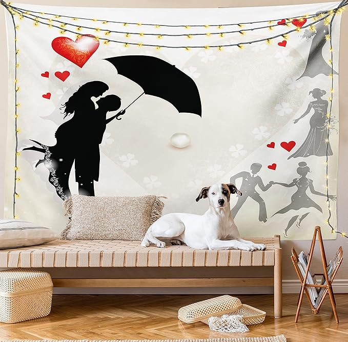 Ambesonne Wedding Tapestry, Couple in Love Umbrella Red Hearts Daisies Romance in the Air Celebration, Fabric Wall Hanging Decor for Bedroom Living Room Dorm, 30" X 45", Black White Red