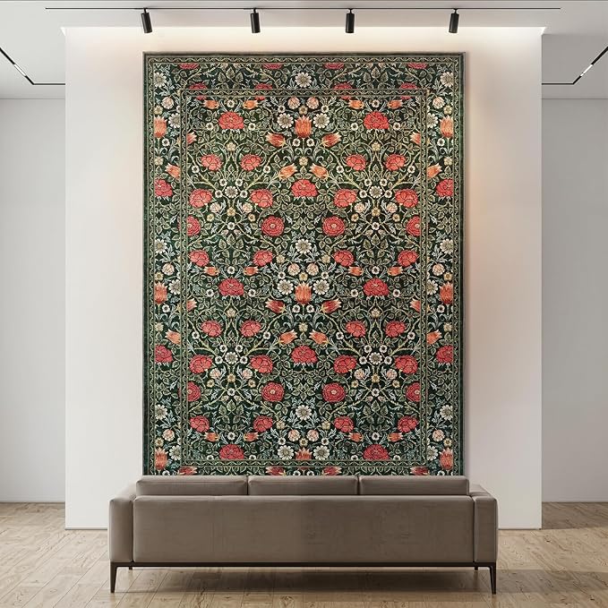 GarveeHome Green Vintage Floral Washable Rugs 8x10 for Living Room Boho Botanical Retro Rug Low Pile Stain Resistance Non Slip Carpet for Bedroom Nursery Dining Room