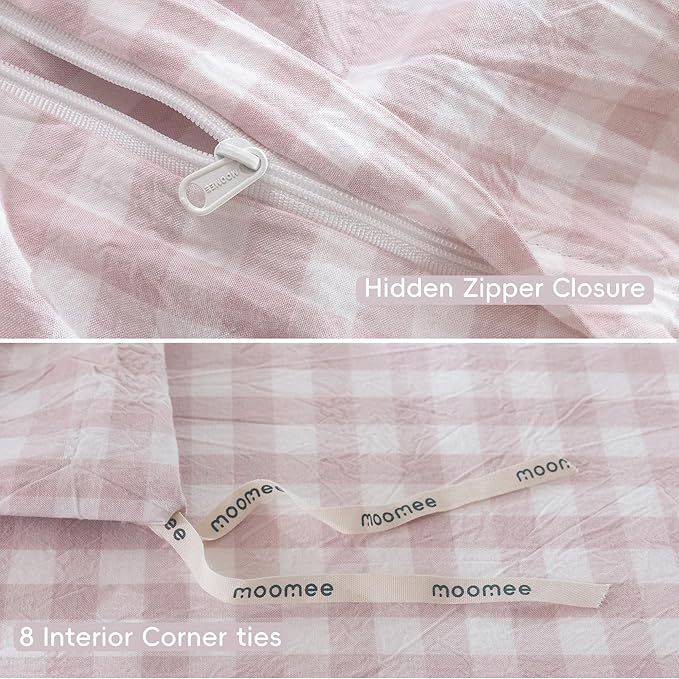 MooMee Gingham Duvet Cover Set 100% Washed Cotton Linen Like Textured Breathable Durable Soft Comfy Modern Checkered Design (Classic Gingham Greyish Pink, King 104"x90")
