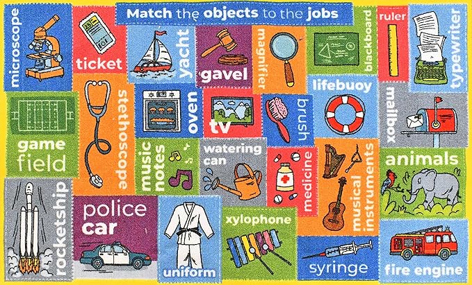 Looney Tunes Educational Kids Rug – ABC Alphabet, Professions & Jobs Matching Game Learning Mat- Interactive Classroom, Playroom & Bedroom Carpet 8x10