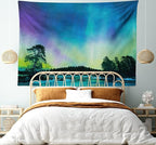 Ambesonne Aurora Borealis Tapestry, Sky over Lake Surrounded Forest Woods Hemisphere Print, Fabric Wall Hanging Decor for Bedroom Living Room Dorm, 28" X 23", Violet Blue Lime Green