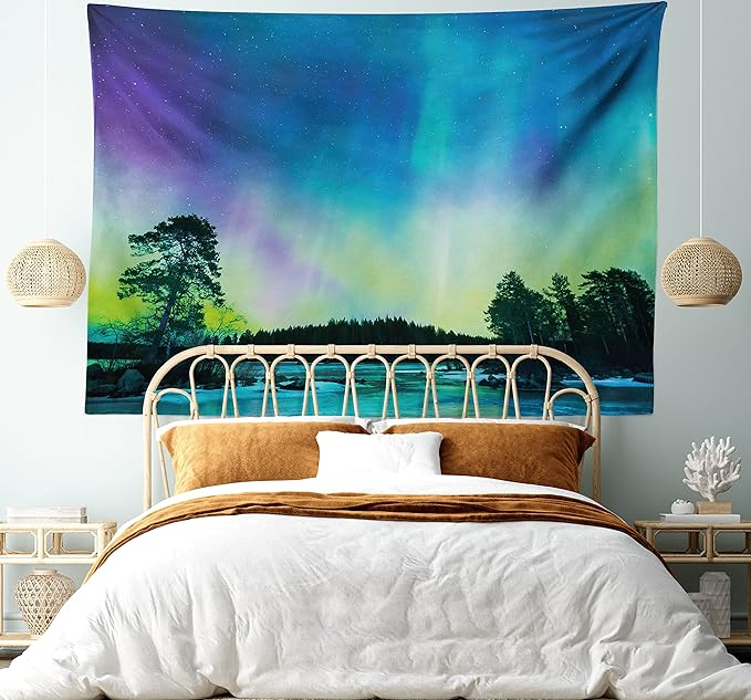Ambesonne Aurora Borealis Tapestry, Sky over Lake Surrounded Forest Woods Hemisphere Print, Fabric Wall Hanging Decor for Bedroom Living Room Dorm, 28" X 23", Violet Blue Lime Green