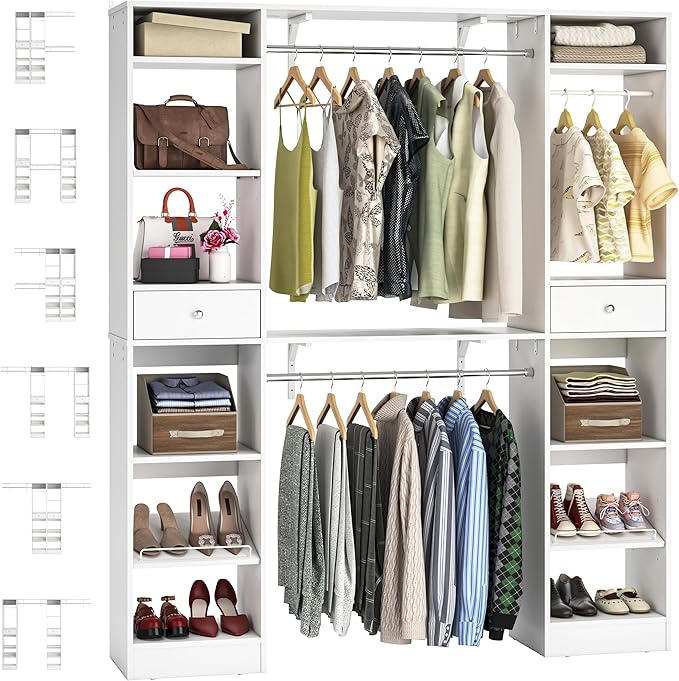 Unikito 58" W - 90" W Closet System, Large Walk in Closet Organizer with 3 Hanging Rods and Shelves, Heavy Duty Wood Closets Wardrobe with 2 Drawer & Shoe Rack, Sturdy Reversible Clothing Racks, White