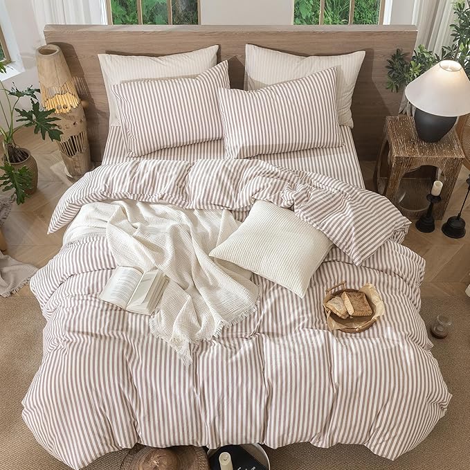 MooMee Striped Duvet Cover Set 100% Washed Cotton Linen Like Textured Breathable Durable Soft Comfy (Orange Classic Stripes, Super Queen 90"x98")