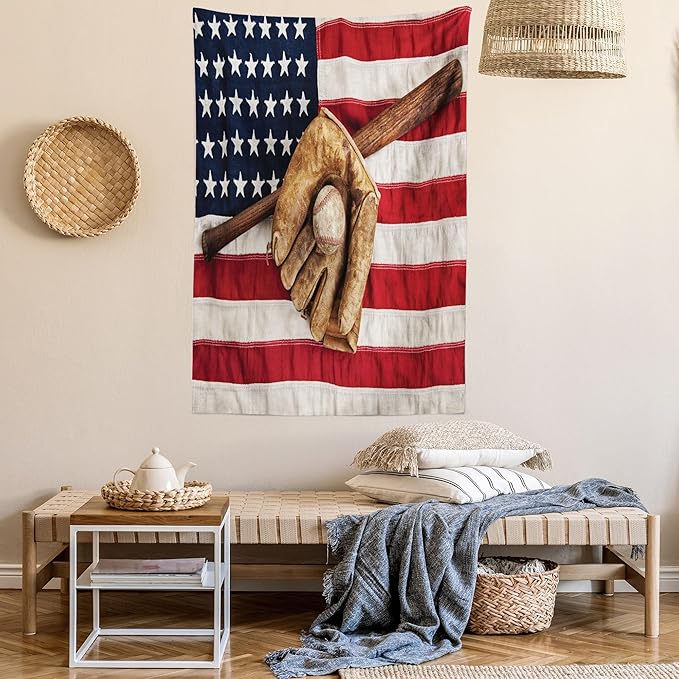 Ambesonne Baseball Tapestry Twin Size, Vintage Baseball League Equipment Usa Grunge Glove Bat Fielding Sports Theme, Wall Hanging Bedspread Bed Cover Wall Decor, 68" X 88", Red Brown