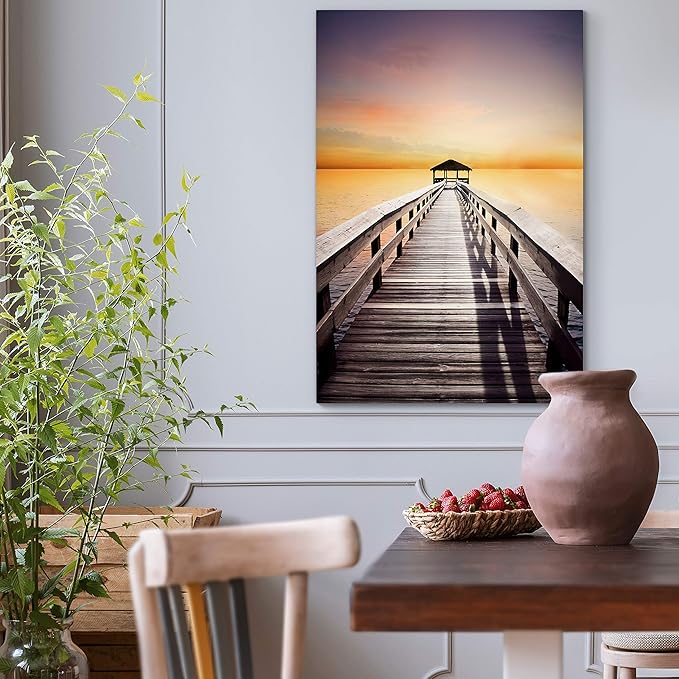 Renditions Gallery Canvas Nature Wall Art Home Paintings & Prints Serene Sunset Dock Romantic Glam Modern Wall Hanging Decorations for Bedroom Living Room Office Kitchen - 18"x27" LT06