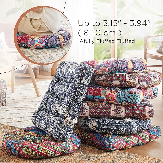 Codi Meditation Floor Pillow Set of 2, Boho Pillows Seating for Adults and Kids, Large Cushion for Yoga Living Room Tatami Sitting, Memory Foam Added, 22x22 Inch, Round Multi Patchwork