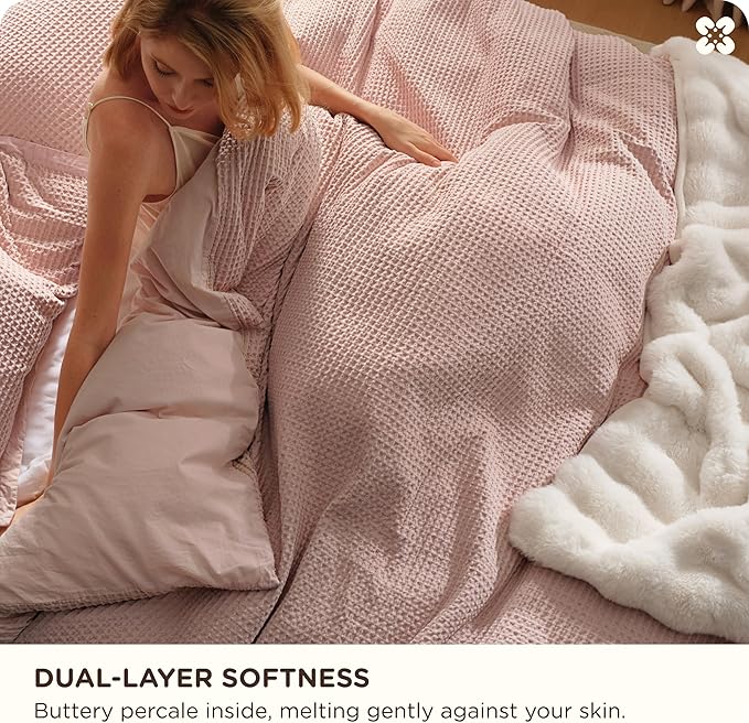Bedsure Cotton Duvet Cover King - 100% Cotton Waffle Weave Pink Duvet Cover King Size, GentleSoft™ and Breathable Bedding Set for All Season, 3 Pieces, 104"x90"