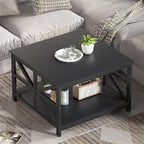 GreenForest Modern Living Room Coffee Table with 2 Tier Storage, Small Square Wood and Metal Farmhouse Center Table with Seamless One-Piece Tabletop, 27.55 Inch, Black