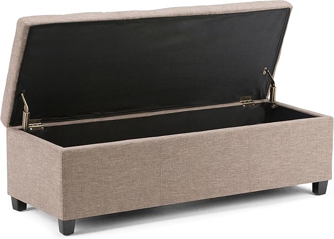 SIMPLIHOME Avalon Storage Ottoman Bench - 48 inch Wide Upholstered Linen Look Fabric Rectangular Lift-Top Ottoman in Fawn Brown, Contemporary Storage Bench for Living Room with High-Density Foam