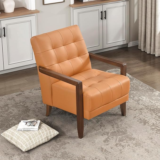 Lexicon Modern Accent Chair, Luxury Genuine Leather Match Living Room Chair with Tufted Cushions, Solid Wood Frame and Arm Rest, Comfy Upholstered Single Seat for Bedroom/Reading/Office, Orange