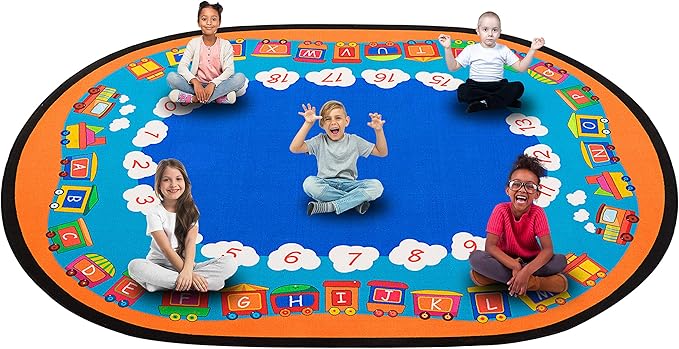 Classroom Area Rug with Number Oval Carpet for Kids, Reading Rug for School Elementary Blue Classroom Rugs for Home Learning Area or Classroom Mat, Kids Room, 6.5 x 8.5 ft