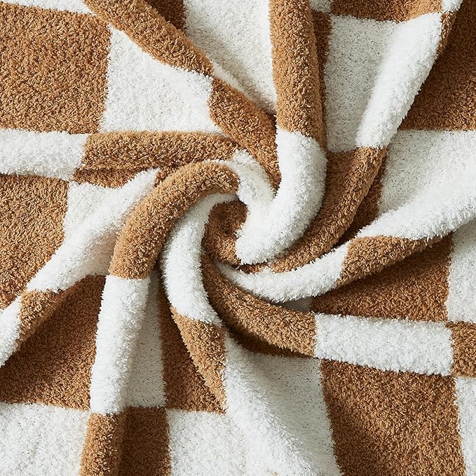 WRENSONGE Fall Checkered Throw Blanket, Burnt Orange Soft Cozy Fluffy Warm Hand Made Throw Blankets for Couch, Sofa, Chair, Bed, Camping, Picnic, Travel Lightweight Bed Blanket - 50"*70"