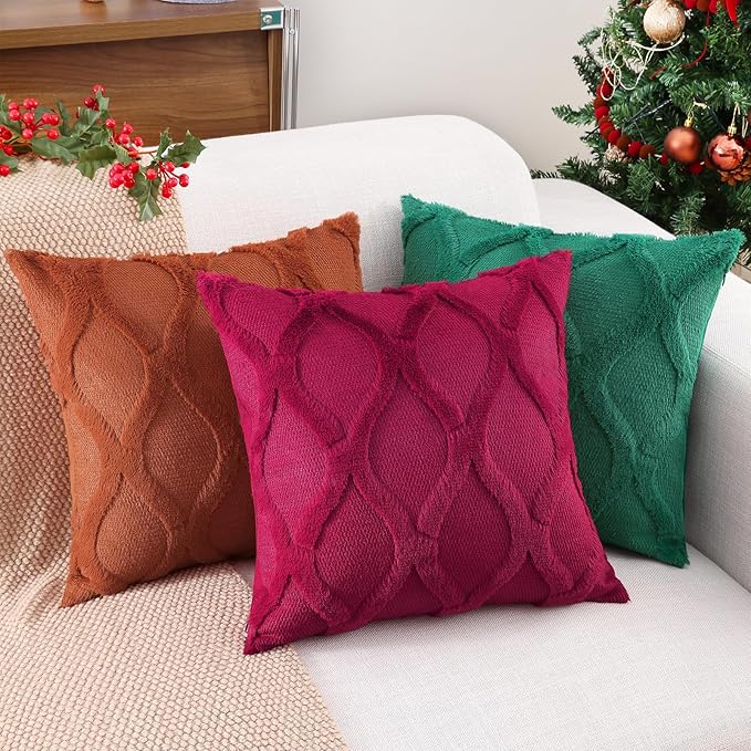 decorUhome Spring Throw Pillow Covers 16x16 Inch Set of 2, Soft Plush Faux Fur Wool Burgundy Couch Pillow Covers, Decorative Neutral Pillow Cases for Bed Sofa Living Room Home Decor
