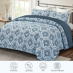 Exclusivo Mezcla Reversible Boho Quilts Queen Size, Blue Bedspreads Lightweight Coverlet All Season Damask Quilt Bedding Set with Printed Floral Pattern (1 Quilt, 2 Pillow Shams)