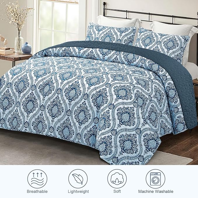 Exclusivo Mezcla Reversible Boho Quilts King Size, Blue Bedspreads Lightweight Coverlet All Season Damask Quilt Bedding Set with Printed Floral Pattern (1 Quilt, 2 Pillow Shams)