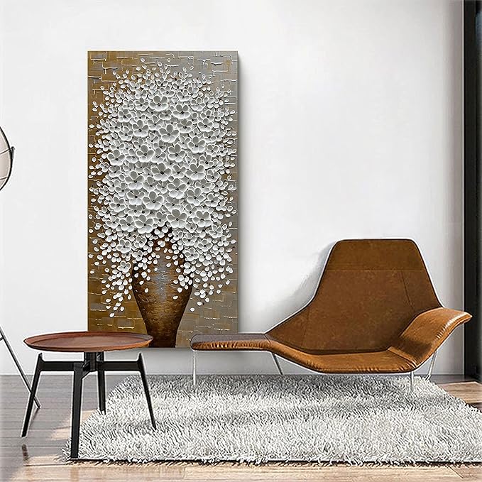 Epicler Hand-Painted 3D Flower Oil Painting with Metal Texture Background, 40x20 inch White Flower Art Painting, Modern Canvas murals, White Flower Art