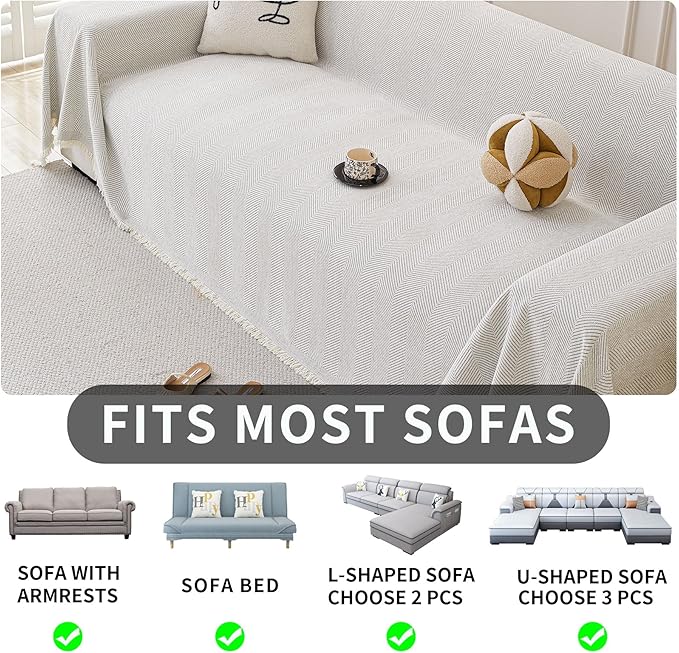 HAOMAIJIA Non Slip Couch Cover Sofa Covers for 3 Cushion Couch Washable sectional Couch Covers for Dogs pet Furniture Protector Couch Cover Blanket for Living Room (Off White, 71"x134")