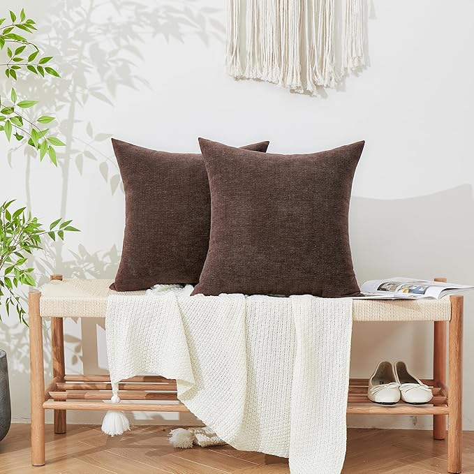 GAWAMAY Decorative Chenille Throw Pillow Covers 24x24 Inch Pack of 2, Soft Square Couch Pillow Cover for Sofa Cushion Living Room Bedroom Solid Dyed Pillowcases Coffee 60x60cm (ONLY Covers)