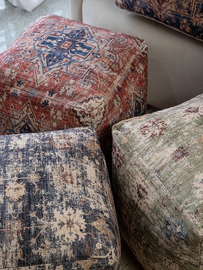 LR Home Vintage Medallion Indoor Medium Pouf Ottoman | Polyester Pouf for Home Decor | Foot Rest for Living Room, Bedroom & Dorm | 18 x 18 x 18 Stuffed Ottoman for Seating | Rust/Navy