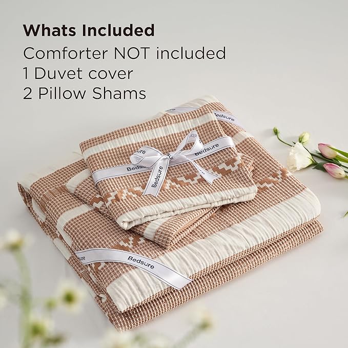 Bedsure Waffle Weave Duvet Cover King - 100% Cotton Boho Duvet Cover Set with 2 Pillowcases - Extra Soft Terracotta Textured Comforter Cover with Zipper Closure (King, 104"x90")