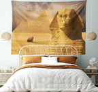 Ambesonne Egyptian Print Tapestry King Size, Sphinx Face Other Pyramids in Egypt Old Historical Monument, Wall Hanging Bedspread Bed Cover Wall Decor, 104" X 88", Amber Sand Brown