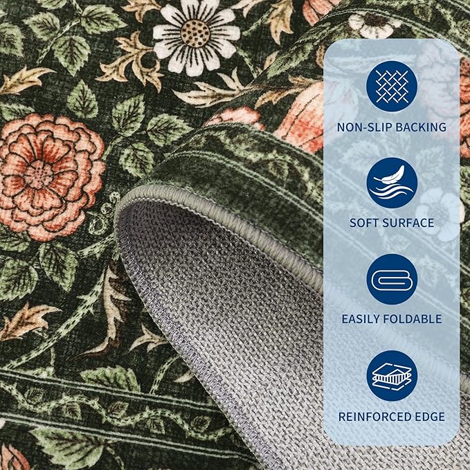 GarveeHome Dark Green Vintage Floral Washable 8x10 Area Rugs for Living Room Boho Botanical Retro Rug Low Pile Stain Resistance Non Slip Carpet for Bedroom Nursery Dining Room