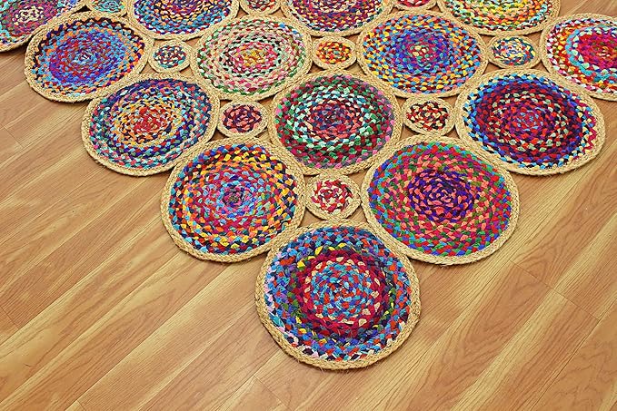 Scalloped Edge Rug, Hand Woven Natural Chindi Cotton and Jute Area Rug, 10x18 Ft Beige & Multicolor Braided Kilim Rugs for Living Room, Kitchen, Entryway, Farmhouse