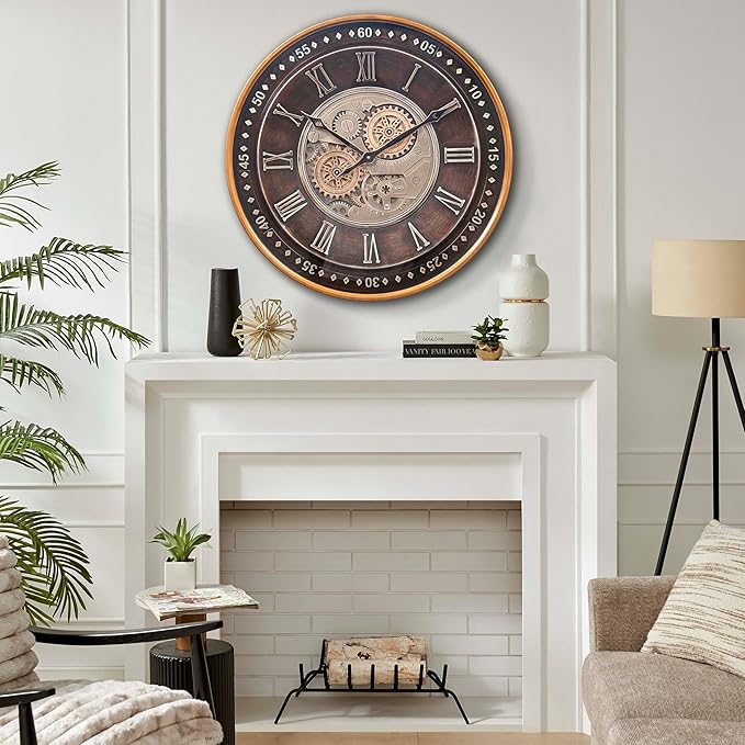 CLXEAST 24 Inch Wall Clock with Moving Gears,Oversized Large Industrial Steampunk Clock, Antique Gold Metal Roman Numeral Wall Clocks for Farmhouse Living Room Decor,Valentines Day Gifts