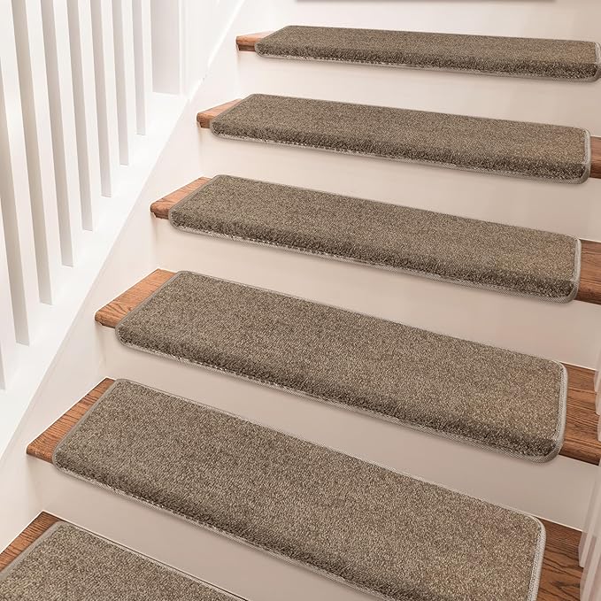 PURE ERA Bullnose Carpet Stair Treads Set Tape Free Non-Slip Indoor Stair Protectors Pet Friendly Rugs Covers Soft Skid Resistant Washable Reusable 9.5" x 30"(2 Pieces, Camel Brown)