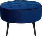 BIRDROCK HOME Tufted Round Ottoman - Velvet Footrest with Cushion and Mid-Century Modern Steel Legs - Ideal for Living Room, Bedroom, or Office Seating - Soft, Compact Decorative Footstool - Navy