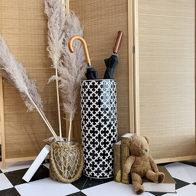Porcelain Ceramic Umbrella Stand Holder Modern Style Floor Vase for Storage Canes Walking Sticks Golf Umbrella Mono-pods Tripod Bat Golf Club Gift Entryway Indoor 24" High Black&White