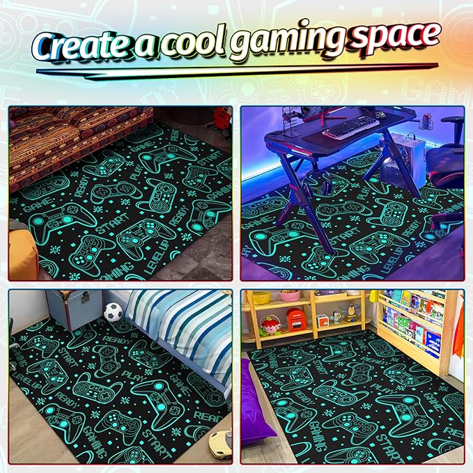 4x6 Gaming Rug for Boys Room - 3D Printed Games Theme Fluorescent Green Gamer Area Rug for Livingroom Teen Boy Gamer Room Rug Decor Video Game Area Carpet for Bedroom,Game Room