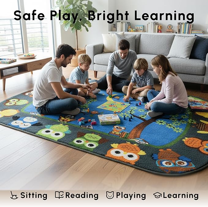 SAFECASTLE Kids Carpet Story Time Owl Rug – 6'6" x 8'4" – Large Multicolored Nylon Educational Area Rug – Learning Carpet for Kids, Toddlers, Classroom, Nursery, Playroom, Daycare & Bedroom