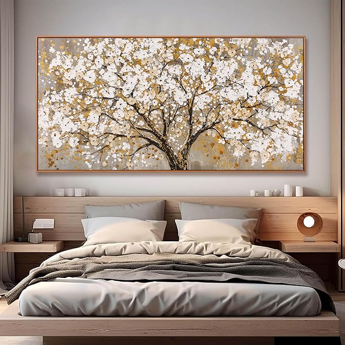Large Wall Art Print Gold Abstract Tree Of Life Framed Modern Artwork Canvas Painting Gold Tree Pictures Home Decor Ready To Hang For Bedroom Living Room 29" X 58"