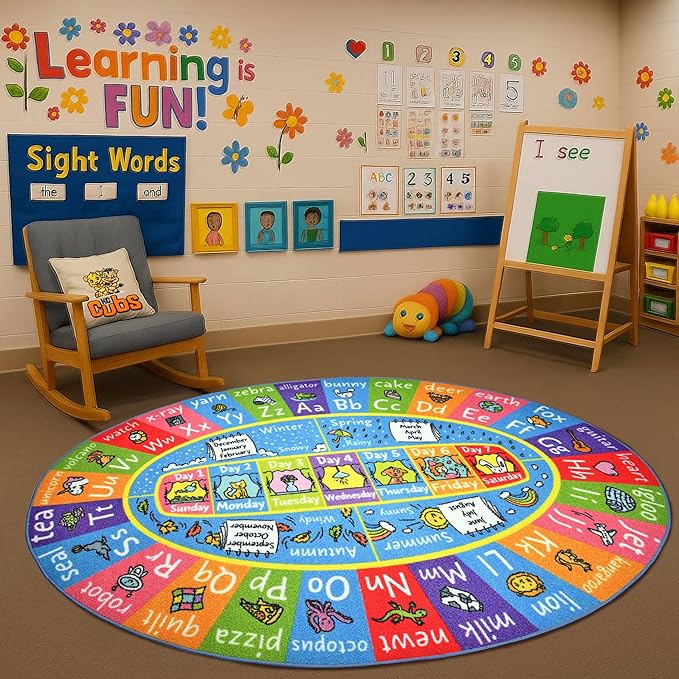 KC Cubs Educational Kids Rug – ABC Alphabet, Seasons, Months & Days Learning Mat – Soft Interactive Carpet for Classroom, Playroom & Bedroom 3x5 Oval