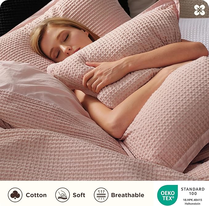 Bedsure Cotton Duvet Cover King - 100% Cotton Waffle Weave Pink Duvet Cover King Size, GentleSoft™ and Breathable Bedding Set for All Season, 3 Pieces, 104"x90"